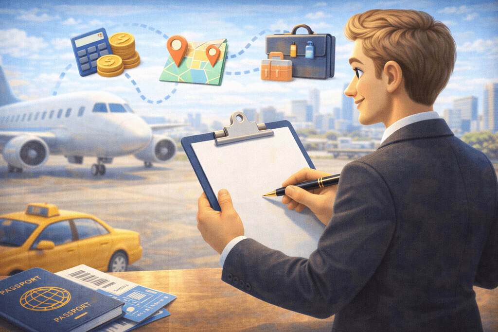 Profissional planejando viagem corporativa com prancheta em mãos, em ambiente de aeroporto, com ícones de custos, mapa, mala e transporte ao fundo, além de passaporte e passagens sobre a mesa.