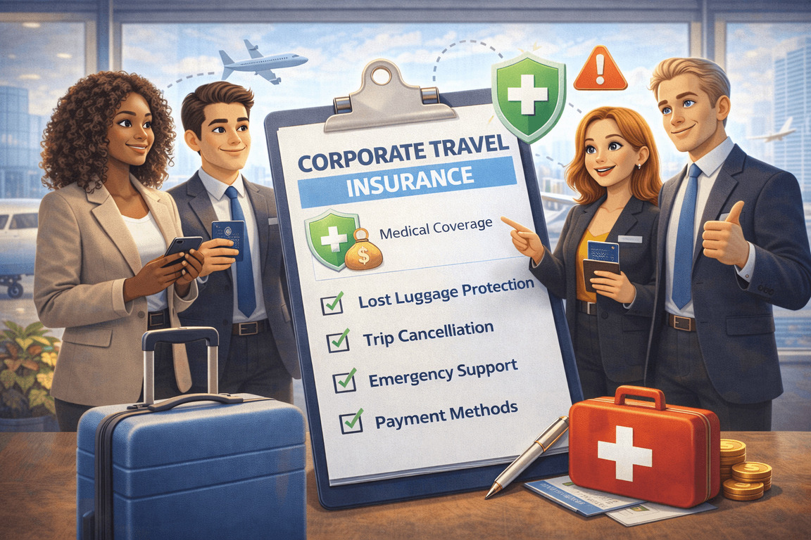 Profissionais em aeroporto analisando checklist de seguro viagem corporativo com coberturas médicas, proteção de bagagem, cancelamento de viagem e suporte emergencial.