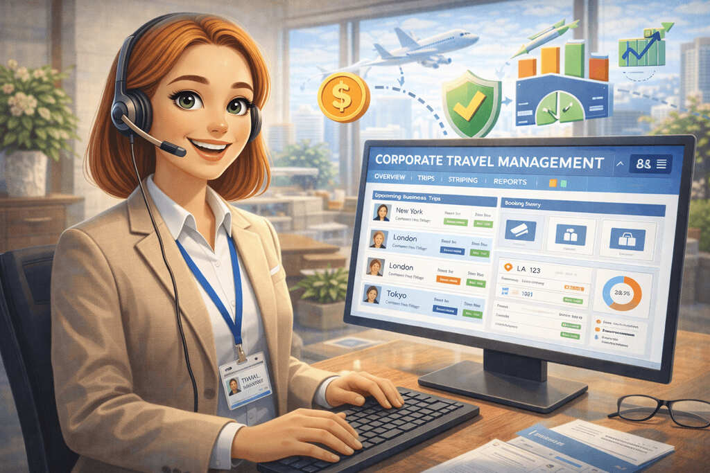 Profissional de atendimento utilizando sistema de gestão de viagens corporativas em computador, com painel de controle, relatórios, destinos e indicadores de custos.