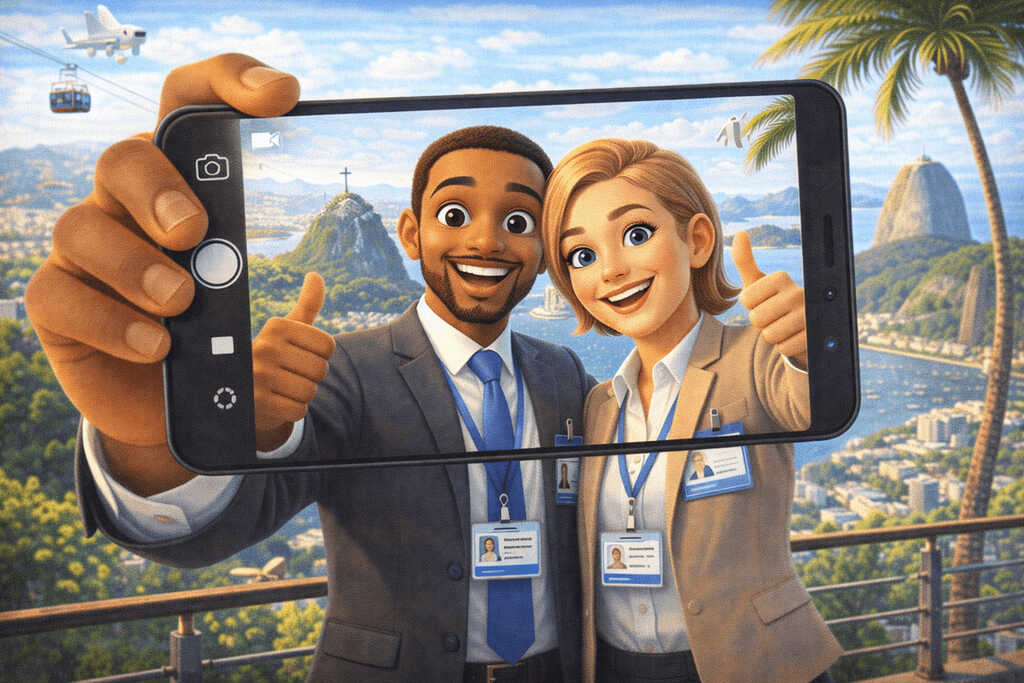 Profissionais em viagem de incentivo tirando selfie com crachás corporativos, em mirante turístico com paisagem do Rio de Janeiro ao fundo, demonstrando satisfação e engajamento.